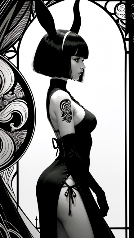 Beardsley Style,Ink Art, ( best quality ,masterpiece:1.2), (Black and white comic core :1.1), ( Extremely high contrast), silhouette, Dark Ink, 1 beautiful girl, Side view,  profile ,  bunny girl, Bunny ears, Bob cut hair, bangs,  very beautiful face , Very beautiful eyes, I have nothing in my hands, Hirame