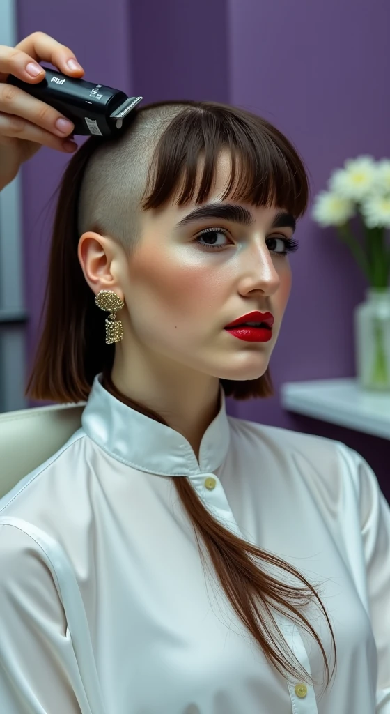 Close up of an elegant woman bob haircut sitting on a white barber chair, getting a bald headshave. She is very nervous, scared, excitedly smiling ((looking directly at the viewer)). ((((A "Wahl" balding hair clipper is shaving her head)))). (((Her head has been shaved mostly bald, leaving just her bangs))). (( Many strands of ginger hair cover her face and shirt)). A mounding pile of long ginger hair on her lap. In a barber shop with violet walls, allium flower. Realistic, high quality photograph, high contrast, intricate details.
