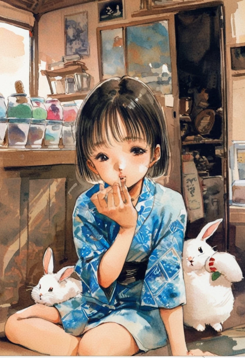   close-up .  1 girl,　White Shortcut, Girl in a naughty pose ,  Sky blue thin yukata with a white rabbit pattern , Bored look, I have a colorful ice cream cone,  sits next to a fluffy white rabbit style ice cream truck,  antique museum-like interior 、 lots of worn antique old utensils in the room , Afternoon atmosphere , masterpiece, Highest quality,   very aesthetic, Ridiculous traditional media , watercolor, 2010