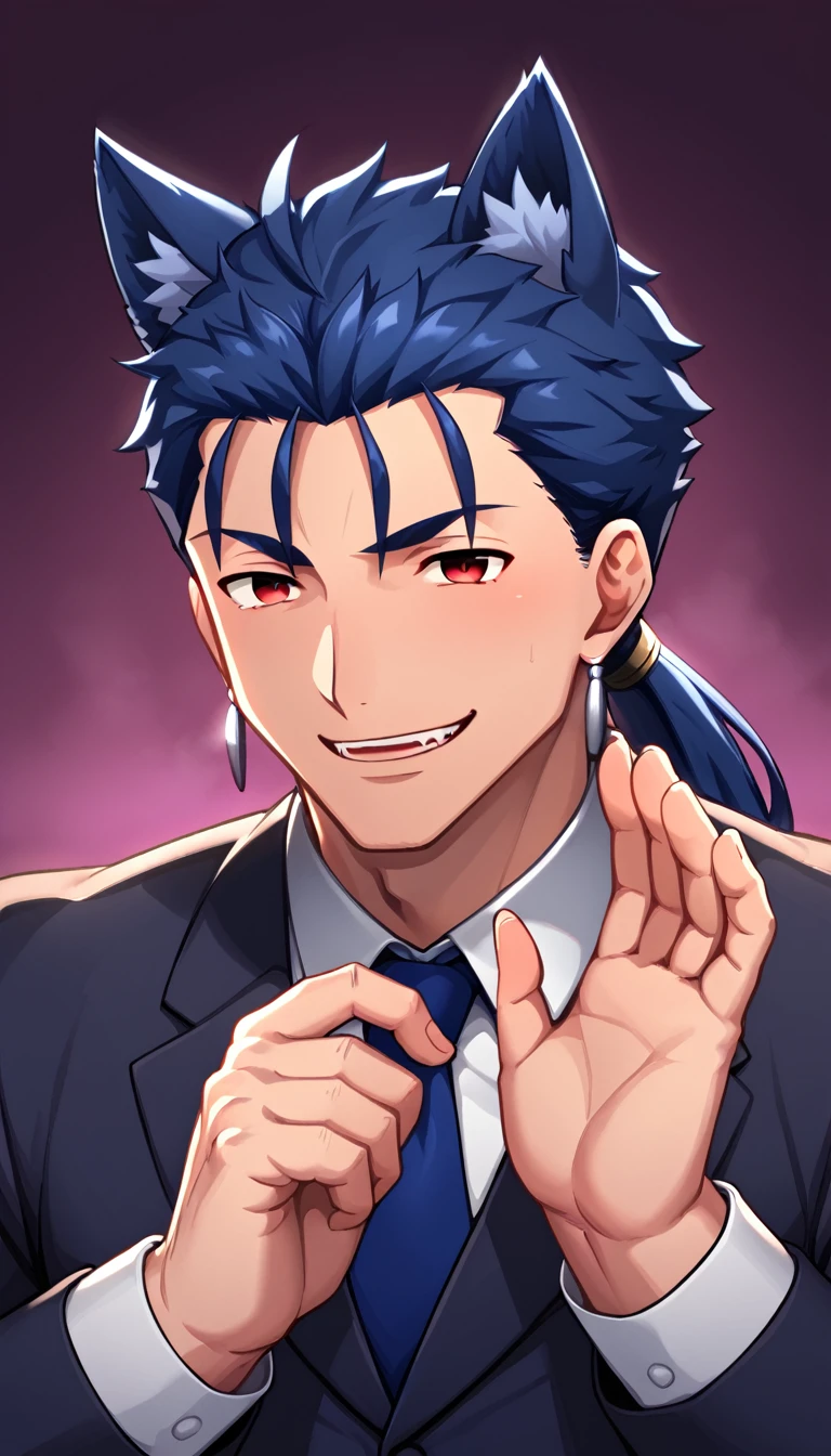 Cu Chulainn Blue Lancer a man dressed as a butler with blue wolf ears and tail with a good face, red eyes, a good body with little musculature and long blue hair with a ponytail at the nape of his neck and anime earrings with an orgasmic smile doing a wolf pose with a Halloween background.