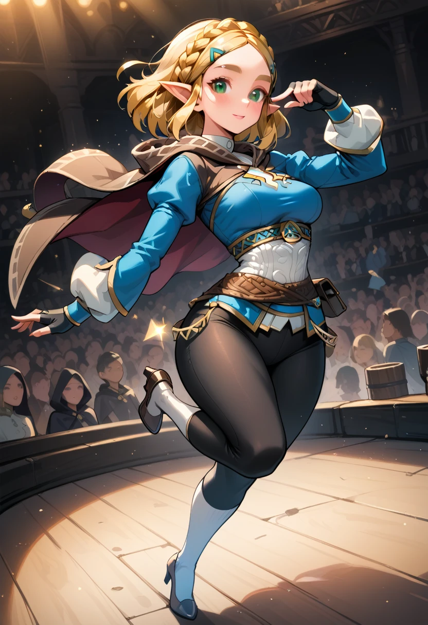 (extremely fine and beautiful:1.1), (perfect details:1.1), (finely detailed eyes and detailed face:1.3), ZeldaSDXL, Princess Zelda, narrow hips, medium breasts, slender thighs, small ears, pointy ears, braid, hair ornament, hairclip, gloves, black gloves, fingerless gloves, blue shirt, shirt, long sleeves, crown braid, bangs, green eyes, parted bangs, pants, black pants, blonde hair, short hair, long hair, cape, sidelocks, hood, thick eyebrows, jewelry, hooded cape, belt, tight pants, tight, puffy sleeves, ( lost path), black tap heels, white socks, while tap dancing, on stage