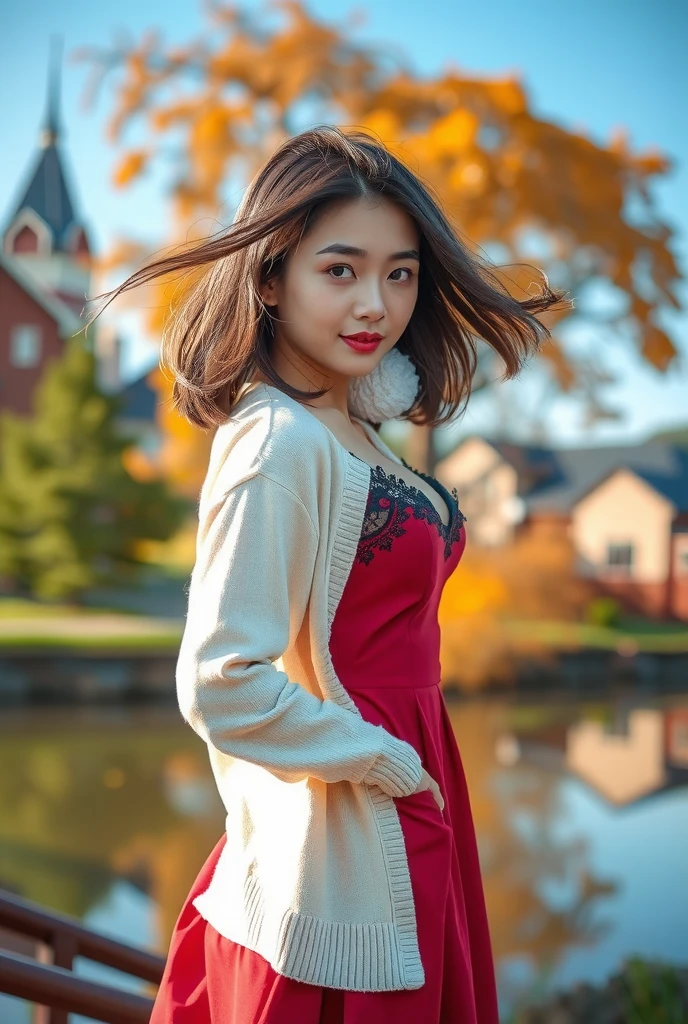 photorealistic, Real Photo, anatomically correct, accurate, textured skin, super detail, whole body, 1 girl, beautiful Japanese girl, look at viewer, light smile, Natural Makeup, Short hair swaying in the wind, large breasts, Cleavage, Glamorous Body, Plum Thighs, Seductive pose, (A deep red long dress with lace), BREAK, (White short-length cardigan worn over a dress), (Crossing the bridge over the pond), (Lakeside in autumn with autumn leaves:1.4), A pleasant breeze, natural lighting, (backlighting), (face light), autumn red theme, blue sky, blurred background, depth of field, UHD, 8k