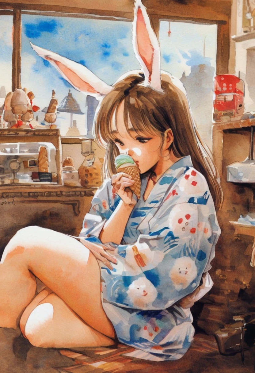   close-up .  1 girl,　White Shortcut,  Sky blue thin yukata with a white rabbit pattern , Bored look, I have a colorful ice cream cone,  sits next to a fluffy white rabbit style ice cream truck,  antique museum-like interior 、 lots of worn antique old utensils in the room , Afternoon atmosphere , masterpiece, Highest quality,   very aesthetic, Ridiculous traditional media , watercolor, 2020