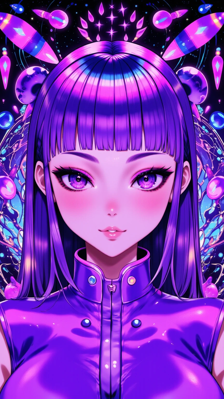 ((best quality)), ((masterpiece)), (detailed), perfect face of cyberpunk mecha japanese girl, young, pure, pale, face blush, big shiny purple eyes, shiny purple body, shiny purple hair, ((monochromatic purple color palette)), surreal, art nouveau, in the illustrative style of moebius, spaceships, aliens, fantasy, sci-fi, graphic novel, line drawing, french retro, bizarre, gallery worthy, work of uncanny art, goth_punk, Neon light, Iridescent eyes, shimmering hair, Black eyebrows, Radiant hair, blunt bangs, hair adornments, Look at viewers, short hair, side locks
