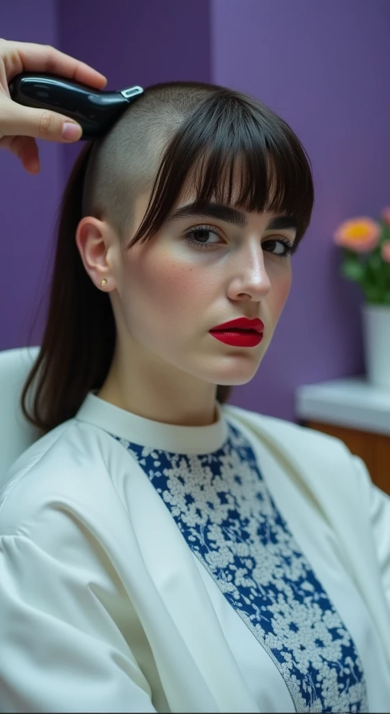 Close up of an elegant woman very long hair sitting on a white barber chair, getting a bald headshave. She is very nervous, scared, excitedly smiling ((looking directly at the viewer)). ((((A "Wahl" balding hair clipper is shaving her head)))). (((Her head has been shaved mostly bald only a few strands of hair remain))). (( Many strands of ginger hair cover her face and shirt)). A mounding pile of long ginger hair on her lap. In a barber shop with violet walls, allium flower. Realistic, high quality photograph, high contrast, intricate details.
