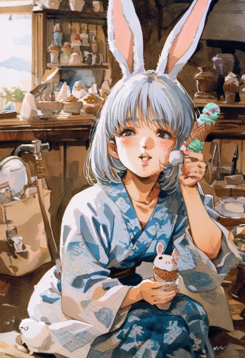   close-up . One human girl,　White Shortcut,  Sky blue thin yukata with a white rabbit pattern , Bored look, I have a colorful ice cream cone,  sit next to a fluffy white rabbit style ice cream truck,  antique museum-like interior 、 lots of worn antique old utensils in the room , Afternoon atmosphere , masterpiece, Highest quality,   very aesthetic, Ridiculous traditional media , watercolor, 2020