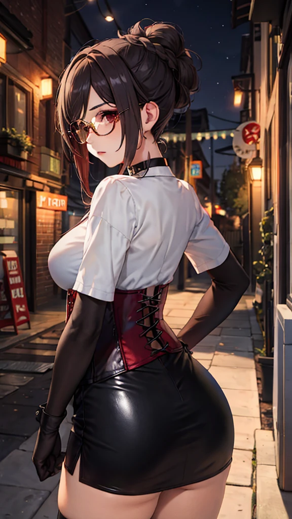 1 girl, Chiori \(genshin impact\), Alone, view from behind, perfect ass, choker:1.6, White long sleeve shirt with long sleeve collar, black leather corset, black gloves that cover your hands, shiny black tight mini skirt, shackles, glasses, looking at the viewer,, inside, depth of field, expressionless, alley, at night