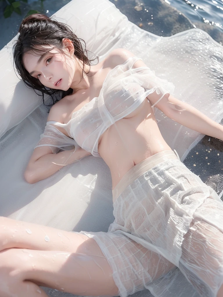 (Night Sky),(Moonlit Night),(Starry Sky),Beautiful woman,Perfect nude,Soft body line ,Big Breasts,Beautiful round ass,((Beautiful round assを披露しましょう)),((Nude lying on the water )),(( wet hair))((Wet skin texture:1.5)),((Wet skin texture:1.5)),(( pure white thin fabric skirt )),(( nude white wet thin fabric skirt)),((Sheer skirt texture :1.5)),((See-through)),((Bare Top)),(( Off Shoulder Flatline )),((set up))(( Underbust )),((Underboob)),(( lift pure white skirt ))