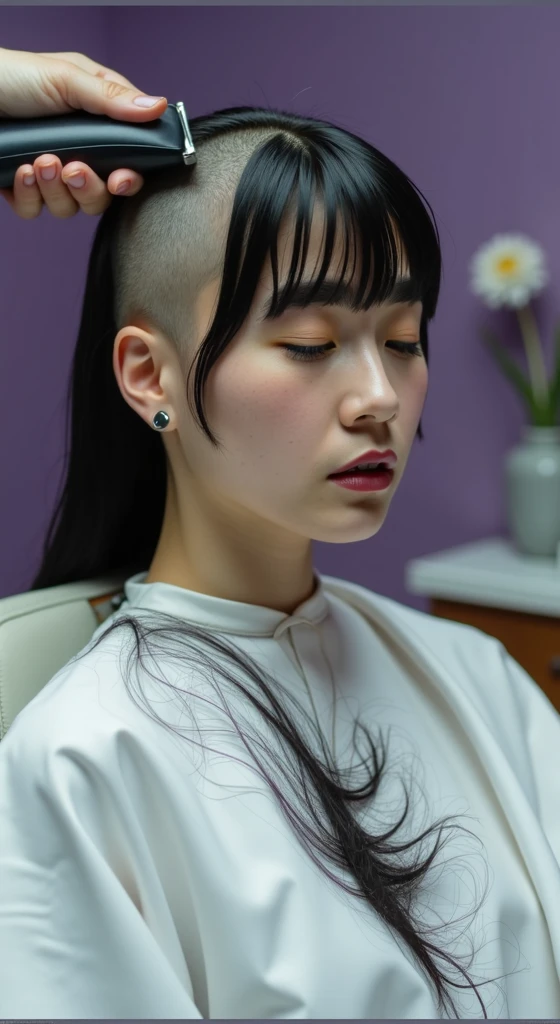 Close up of an elegant woman very long hair sitting on a white barber chair, getting a bald headshave. She is very nervous, scared, excitedly smiling ((looking directly at the viewer)). ((((A "Wahl" balding hair clipper is shaving her head)))). (((Her head has been shaved mostly bald only a few strands of hair remain))). (( Many strands of ginger hair cover her face and shirt)). A mounding pile of long ginger hair on her lap. In a barber shop with violet walls, allium flower. Realistic, high quality photograph, high contrast, intricate details.
