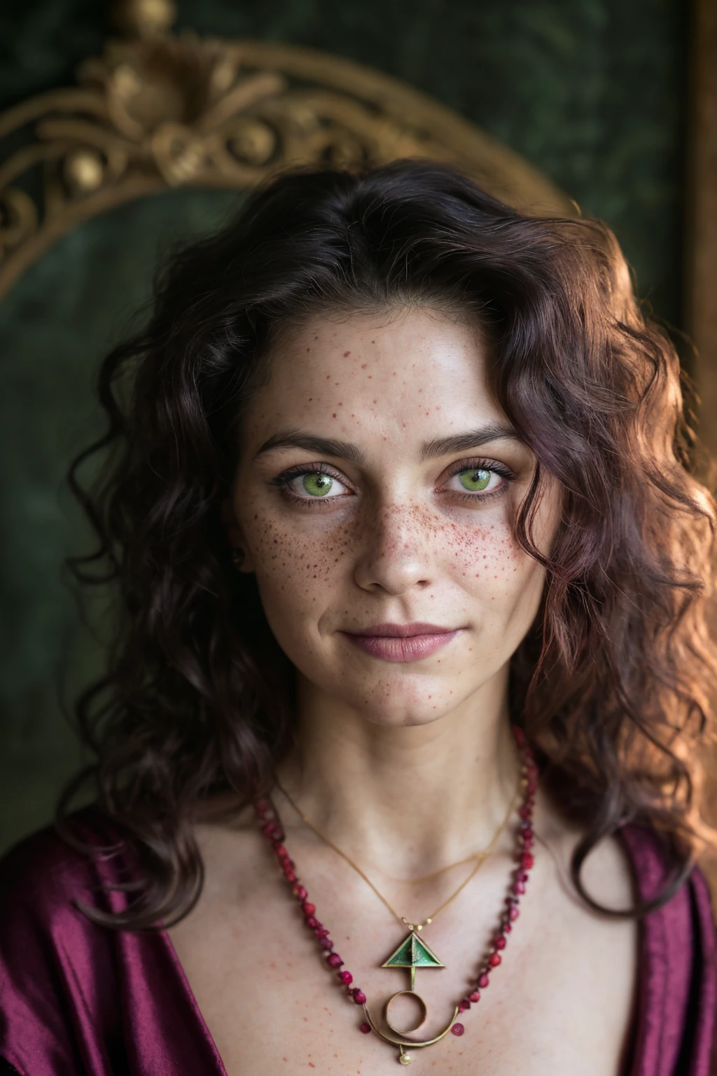 (close-up, editorial photograph of a 30 year old woman), (highly detailed face:1.4) (smile:0.7) (background inside dark, moody, private study:1.3) POV, by lee jeffries, nikon d850, film stock photograph ,4 kodak portra 400 ,camera f1.6 lens ,rich colors, hyper realistic ,lifelike texture, dramatic lighting , cinestill 800, wavy hair, messy hair, curls, Mischievous smirk, Black hair, green eyes, freckles, Crimson Cloak, Purple Robe, Jewels, Necklace, Witchcraft, Red Aura, Sumerian woman, sumerian skin, Sumerian expression, Astral Plane, Scarlet Woman, Babalon, Thelema