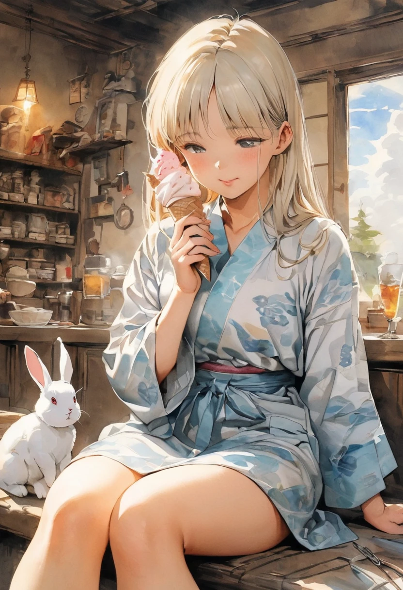  close-up . One human girl,　White Shortcut,  Sky blue thin yukata with a white rabbit pattern , Bored look, I have a colorful ice cream cone,  sit next to a fluffy white rabbit style ice cream truck,  antique museum-like interior 、 lots of worn antique old utensils in the room , Afternoon atmosphere , masterpiece, Highest quality,  very aesthetic, Ridiculous traditional media , watercolor, 2020