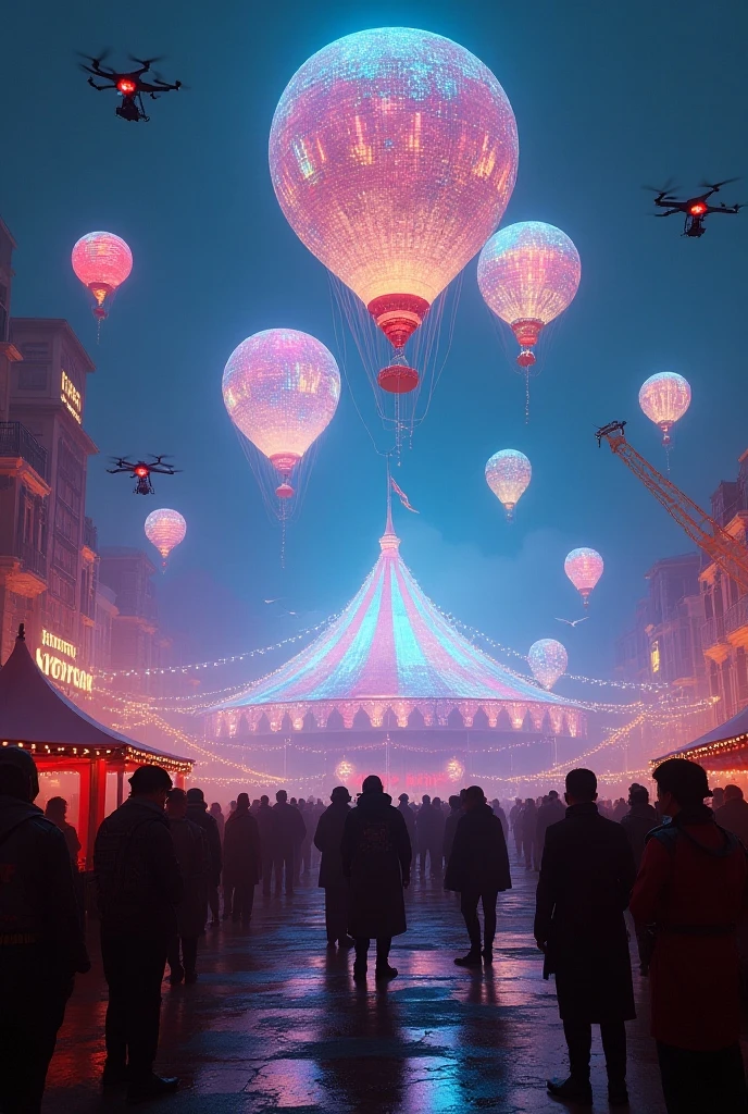 A futuristic circus scene set in a neon-lit cyberpunk town where people in futuristic costumes gather. Holographic circus balloons soar through the air and drones fly overhead. A metallic circus tent is illuminated by vivid colored lights, creating an exciting futuristic circus atmosphere.