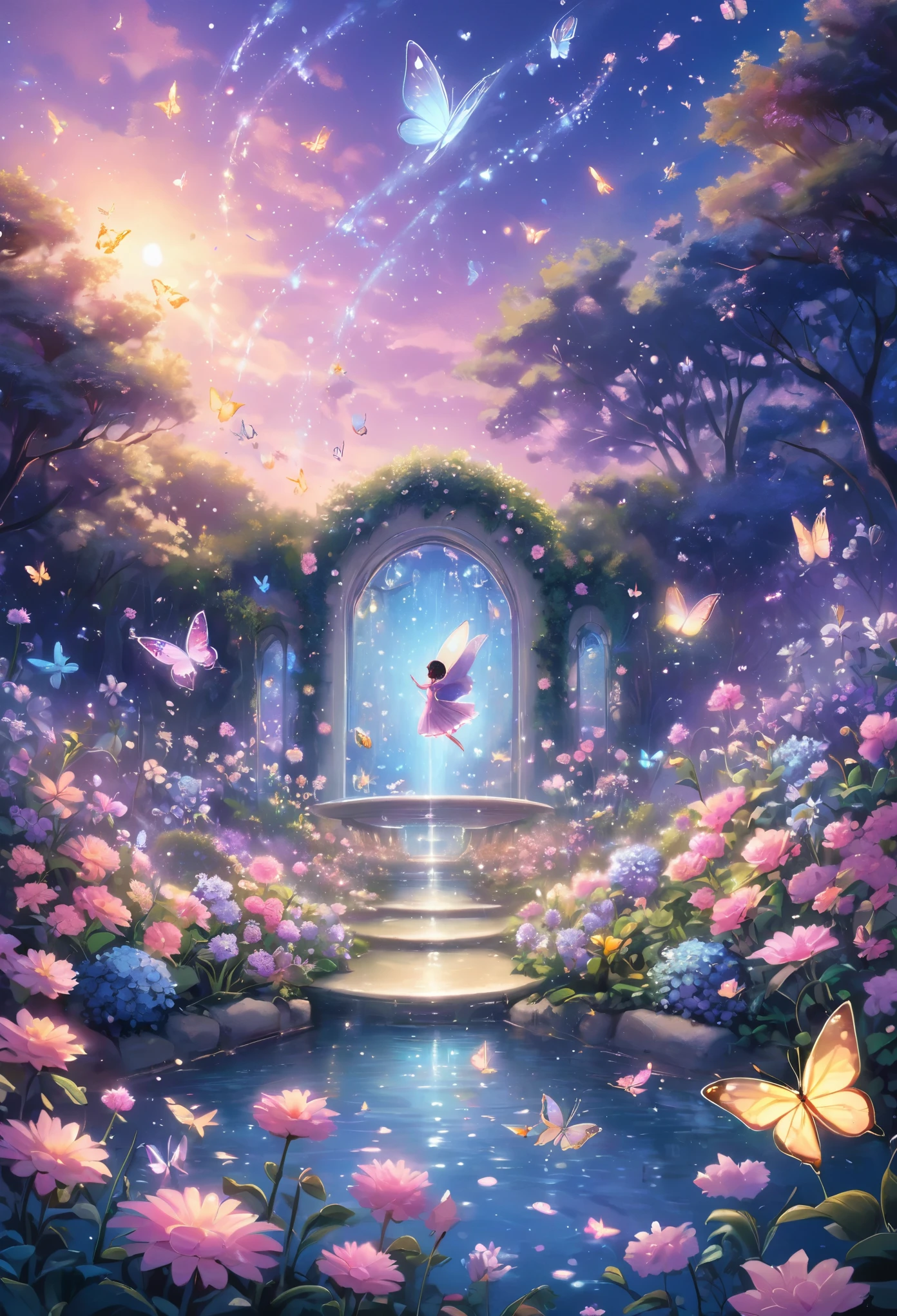 masterpiece, best quality, ultra-detailed, minimal object, dreamscape fantasy style, pastel tones. A vast garden stretches out under a twilight sky, filled with soft pastel flowers that glow faintly in the starlight. Above the garden, dozens of glowing butterflies, their wings shimmering in pastel pinks, blues, and purples, flutter gently through the air. The garden is dotted with sparkling fountains that seem to defy gravity, with water flowing upwards into the sky. A small chibi figure stands in the center of the garden, their back to the viewer, watching as the butterflies flutter around them, blending the natural beauty of the flowers with the surreal movement of the glowing insects. The entire scene feels like a magical dream, where nature and fantasy seamlessly blend together.