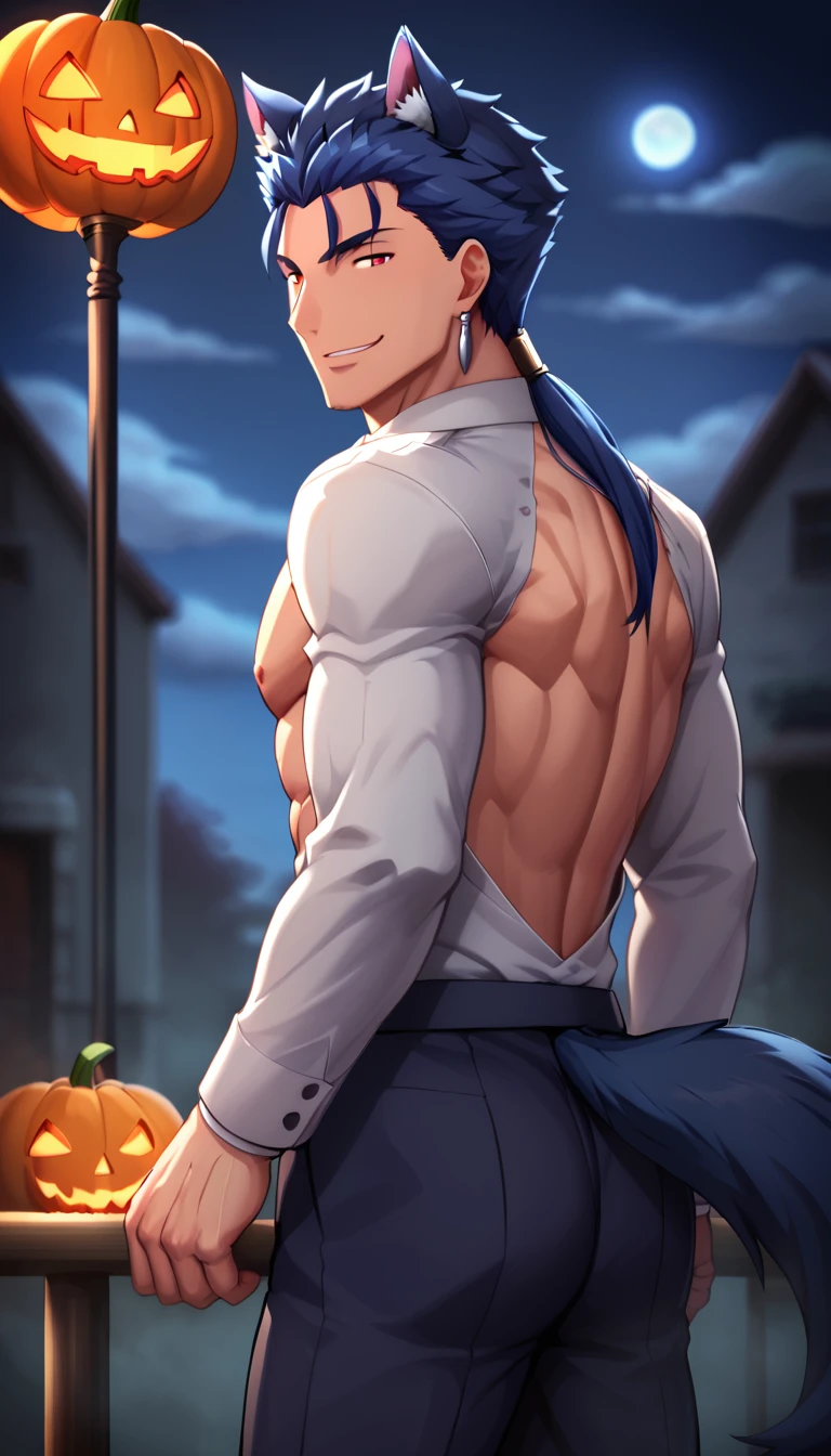 Cu Chulainn Blue Lancer a man dressed as a butler with wolf ears and a blue wolf dog tail with a good face, red eyes, a good body with little muscle and long blue hair with a ponytail at the nape of his neck and anime earrings with a seductive smile with a sexy pose turning his back showing a bit of his butt and his wolf ears with a Halloween background.