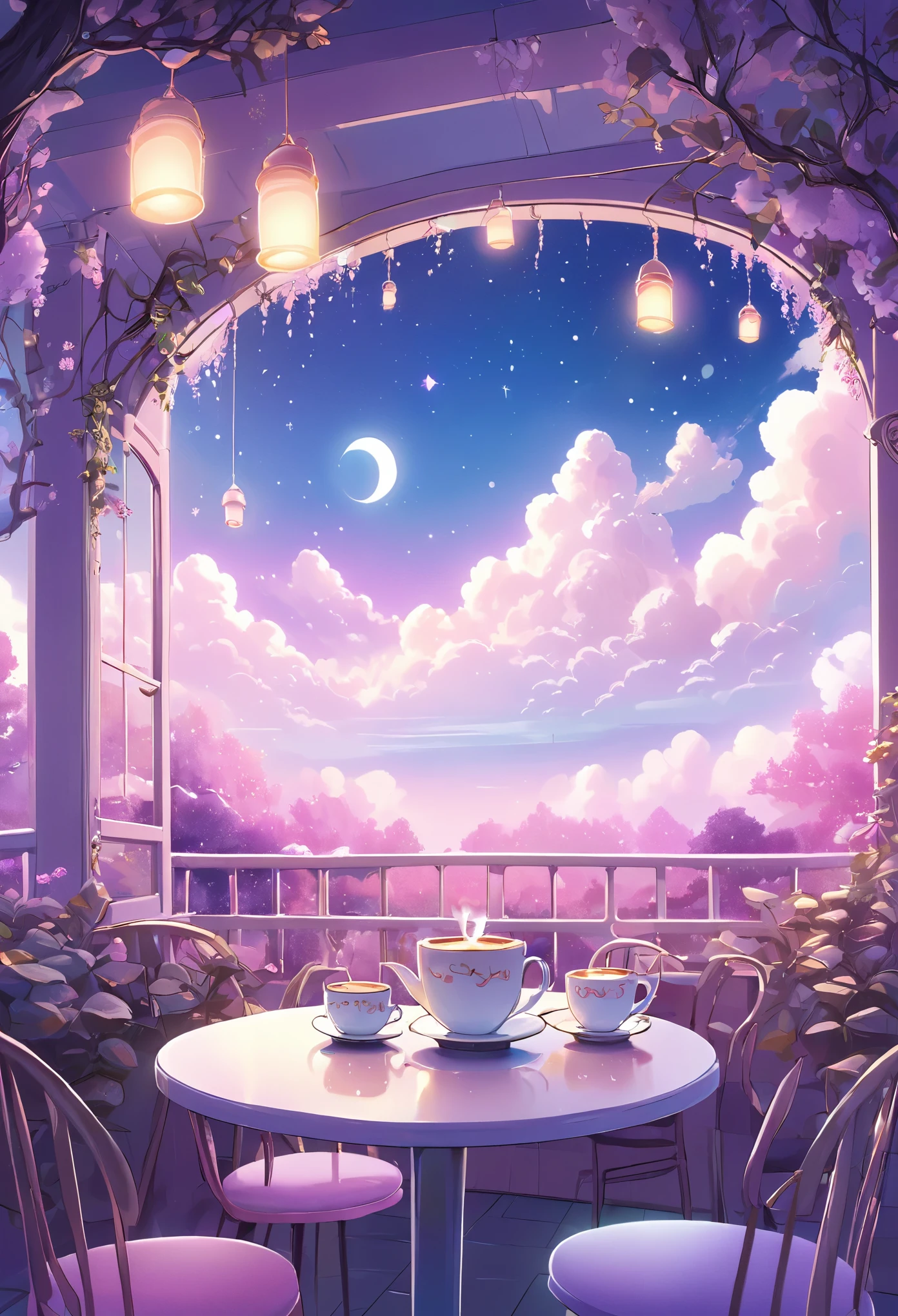 masterpiece, best quality, ultra-detailed, minimal object, dreamscape fantasy style, pastel tones. A quaint little café floats between giant pastel-colored trees that reach up into the sky. The café's wooden balcony overlooks an endless canopy of clouds, and soft vines hang from the branches, glowing faintly in pastel pinks and purples. Inside, soft light spills out of large windows, and tables are set with glowing teacups. A chibi figure sits at one of the tables, their back to the viewer, as they look out over the floating landscape. The scene blends nature and serenity with a touch of fantasy, as if the café is a peaceful escape nestled between the clouds and the stars.