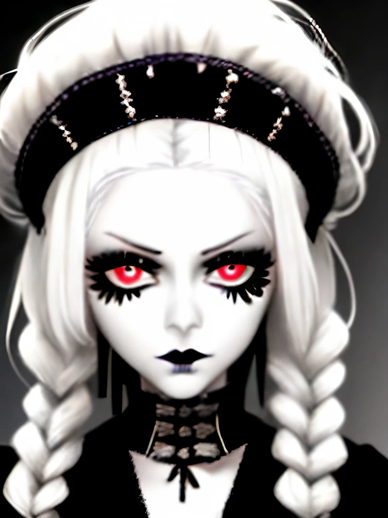 a close up of a woman with long white hair and black gloves, pale goth beauty, goth girl aesthetic, goth aesthetic, goth makeup, gothic aesthetic, gothic makeup, perfect white haired girl, intense white hair, killstar, gothic eyeliner, cruel korean goth girl, wearing goth makeup, goth asthetics, gothic horror vibes, with long white hair