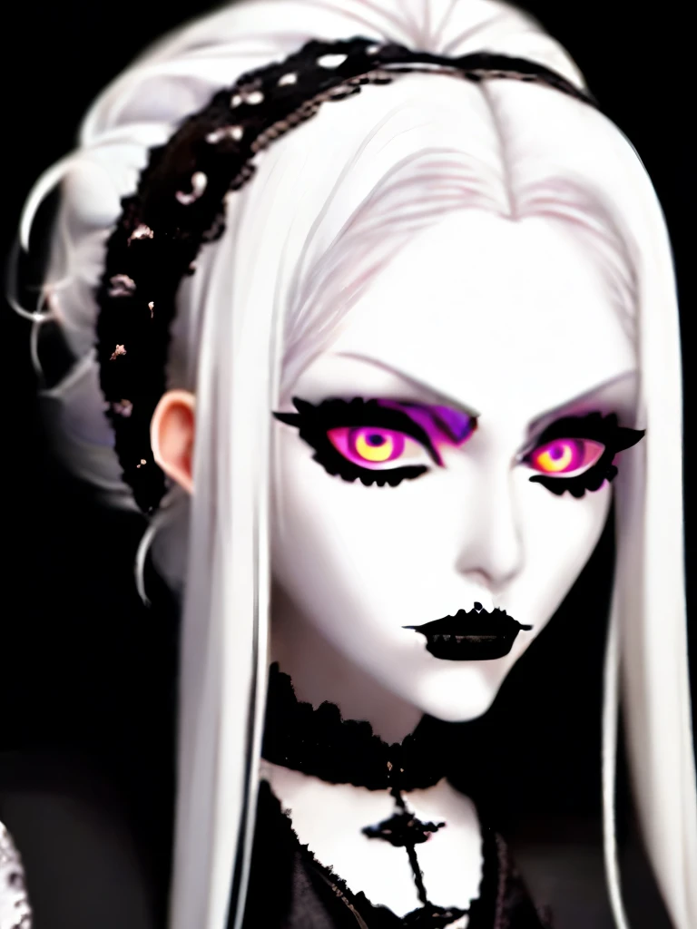 a close up of a woman with long white hair and black gloves, pale goth beauty, goth girl aesthetic, goth aesthetic, goth makeup, gothic aesthetic, gothic makeup, perfect white haired girl, intense white hair, killstar, gothic eyeliner, cruel korean goth girl, wearing goth makeup, goth asthetics, gothic horror vibes, with long white hair