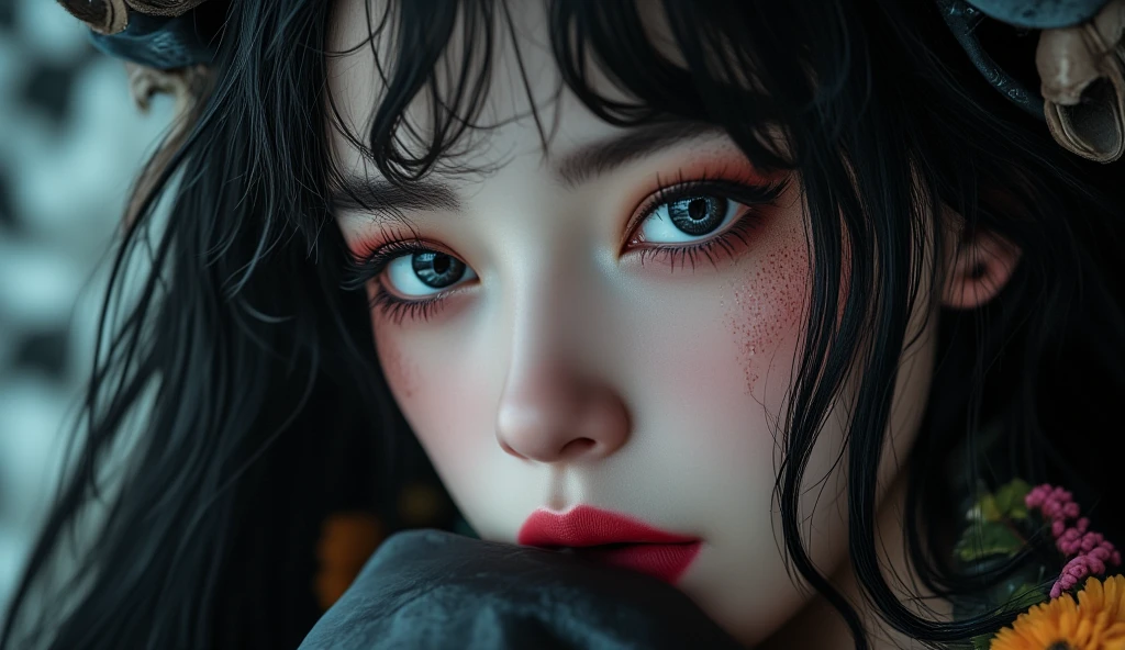 asian girl memo, style of cranberrycore, dark and chaotic, fairy kei, manticore, gothic dark intensity, emphasis on facial expression, vanitas, makeup halloween glamor, (best quality,4k,8k,highres,masterpiece:1.2),ultra-detailed,(realistic,photorealistic,photo-realistic:1.37),