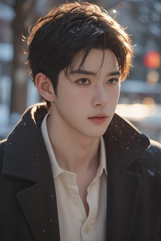 a handsome boy in the snow, high resolution, (realistic:1.4), original photo, half-body shot, in the dark, deep shadows, low-key, cold lighting, extremely handsome, detailed, emotional, clear facial features, well-dressed