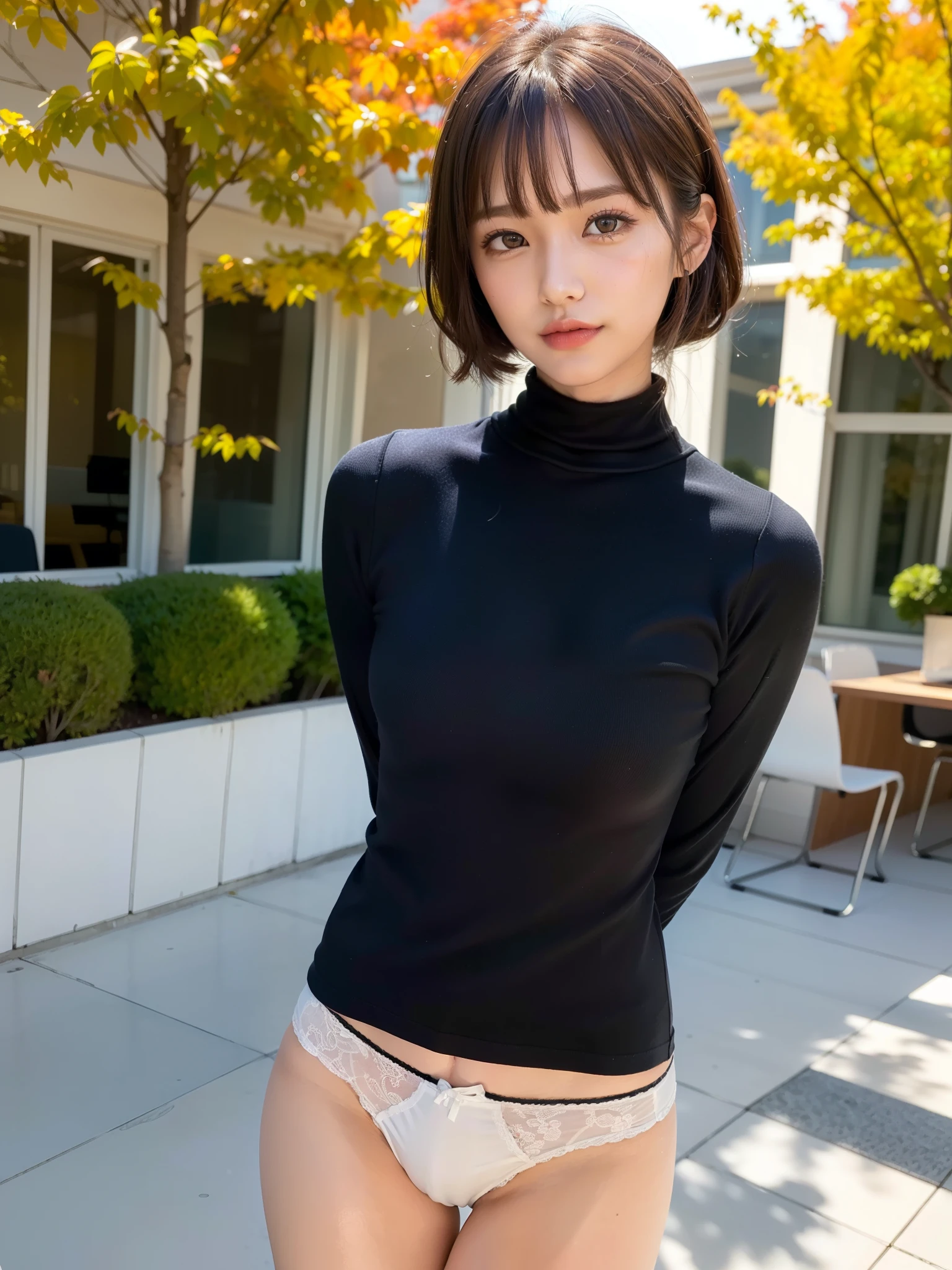 masutepiece, Best Quality, 超A high resolution, (photographrealistic:1.6), 1girl in, (Short hair:1.4), Round face, fins, s ass、kaleidoscope background, (Dynamic Angle:1.2), (Bokeh:1.3), BREAK,an lingerie、
Wearing (Argyle Turtleneck Knit: 1.3), Miniskirt,, long boots, Back shot,