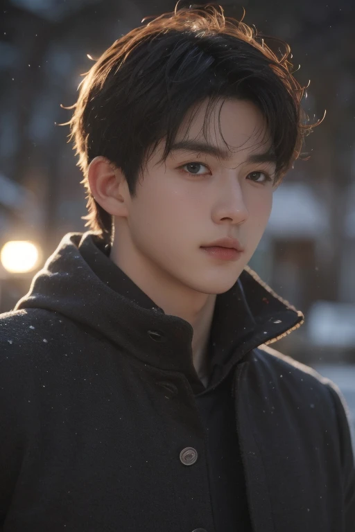 a handsome boy in the snow, high resolution, (realistic:1.4), original photo, half-body shot, in the dark, deep shadows, low-key, cold lighting, extremely handsome, detailed, emotional, clear facial features, well-dressed