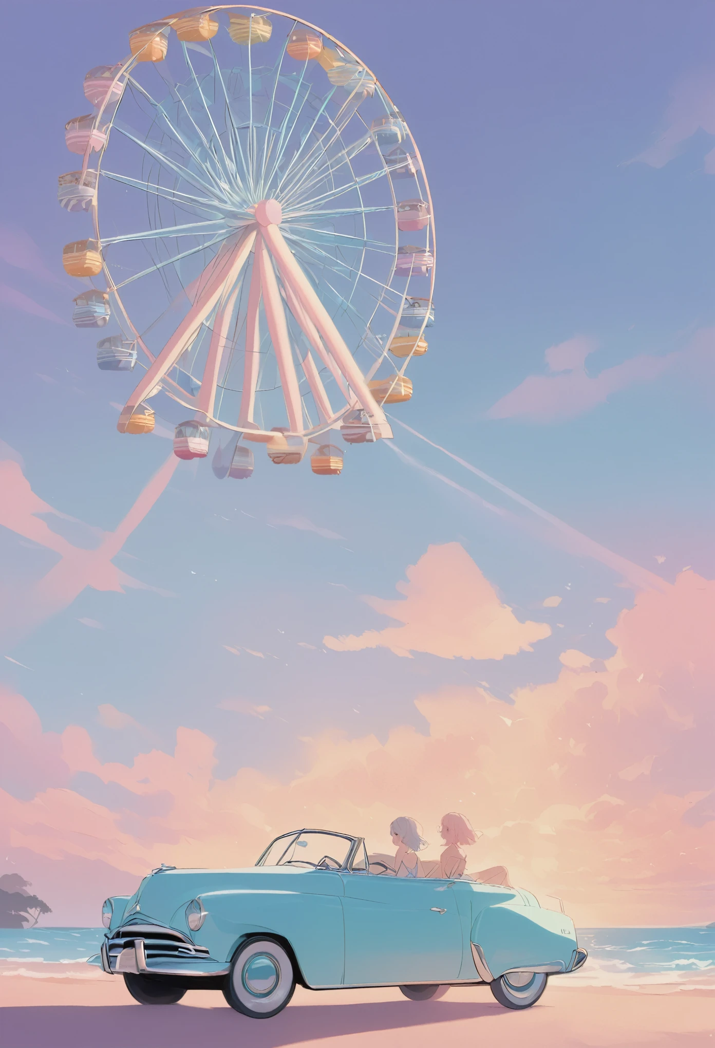 masterpiece, best quality, ultra-detailed, minimal object, vintage retro style, pastel tones. A giant, vintage Ferris wheel hovers gently above a calm, pastel-colored beach. The wheel turns slowly, its gondolas swaying gently in the soft breeze. Each gondola is painted in faded pastel colors, with retro signage advertising candy and popcorn. The ocean waves crash softly in the background, blending into the soft pastel hues of the sky. Below, a small 1950s convertible is parked on the sand, and a couple in vintage swimsuits stands by the car, their backs to the viewer, gazing up at the surreal sight of the floating Ferris wheel. The scene feels like a quiet, impossible day at a beach from the past, suspended in time.