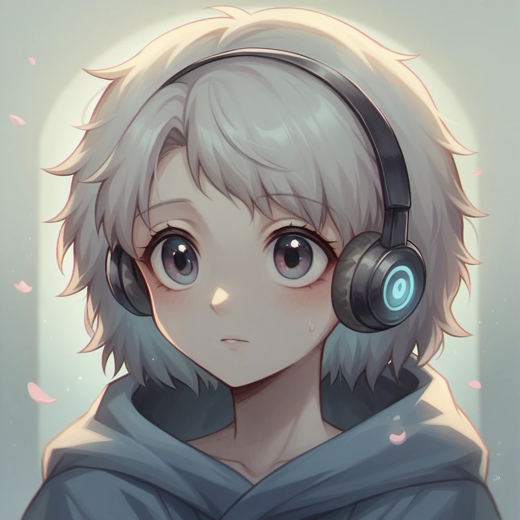 Anime-inspired art featuring a girl wearing unique headphones, sitting in a cozy room with soft window light. The scene has a dreamy, nostalgic atmosphere, with pastel hues and subtle shadows. The girl listens to ambient music, surrounded by a mix of cherry blossoms and a bookshelf. The room is detailed, with attention to decor, giving a calm and peaceful vibe. The art style is influenced by a blend of anime traditions, including Ghibli-esque warmth and elements of modern lofi aesthetics, with a subtle infusion of cyberpunk and rainy day ambiance. The character's hair flows gently, and there's an ethereal glow highlighting the scene. Focus is given to her reflective eyes, her clothing details, and the overall harmony in the color palette. The scene exudes a melancholic yet serene feeling, with a reflective surface and vivid background elements adding depth to the composition.