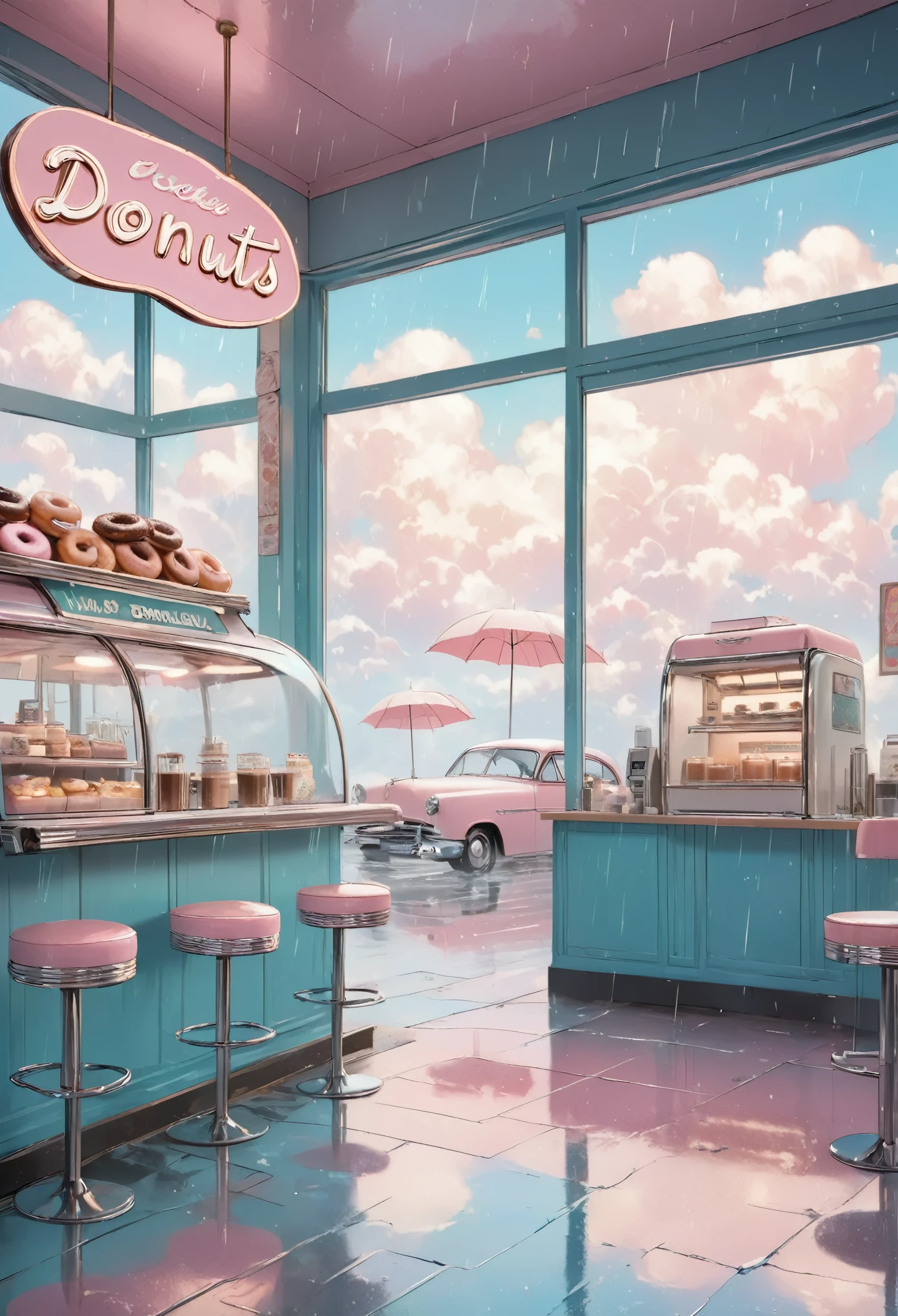 masterpiece, best quality, ultra-detailed, minimal object, vintage retro style, pastel tones. A small, 1950s-style donut shop floats above the clouds, gently swaying as soft rain falls from the sky. The pastel-colored neon sign flashes "Donuts" in faded pink and blue, casting a glow on the wet surface of the clouds below. Inside the shop, through large glass windows, you can see retro barstools and a classic counter with a vintage coffee machine. A couple of old cars, lifted by invisible forces, are parked near the shop. A lone customer with an umbrella stands outside, their back to the viewer, looking up at the sky as rain softly falls. The scene feels nostalgic and surreal, as if from a long-forgotten dream.