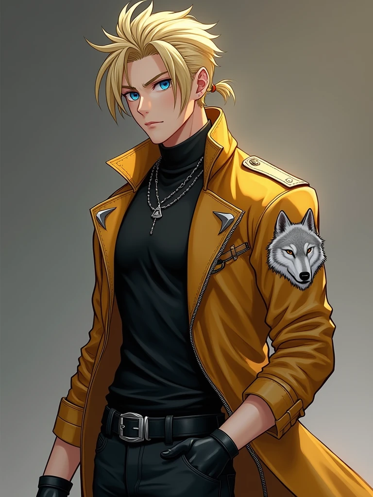 (masterpiece), the best quality, expressive eyes, perfect face, male , blonde hair, blue eyes, thick hair with undercut and Short ponytail, have a black Men's sleeveless shirt, black jeans, black gloves, Golden leather jacket with a logo of a white wolf on the back, 1 boy, badass, 