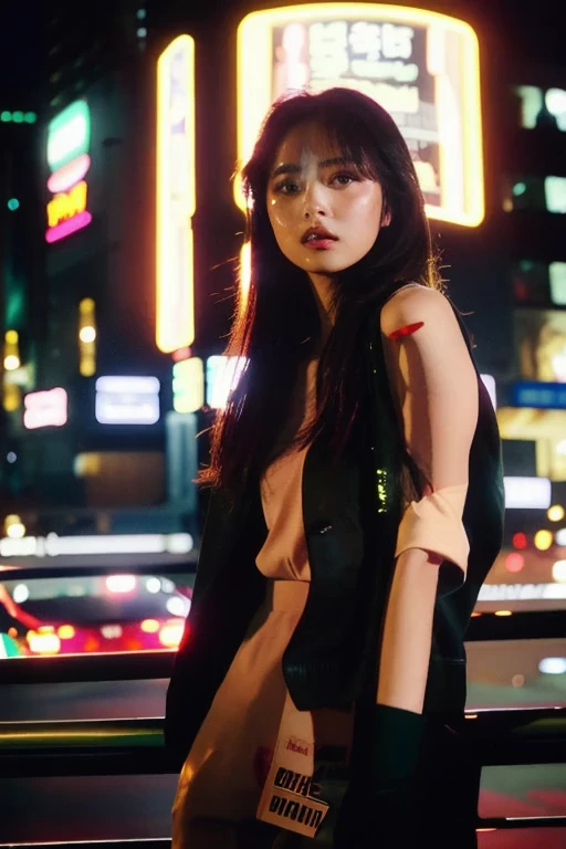 (Film Aesthetics:1.4)  in the photo，The background is a beautiful Korean fashion model in the night view of the city 