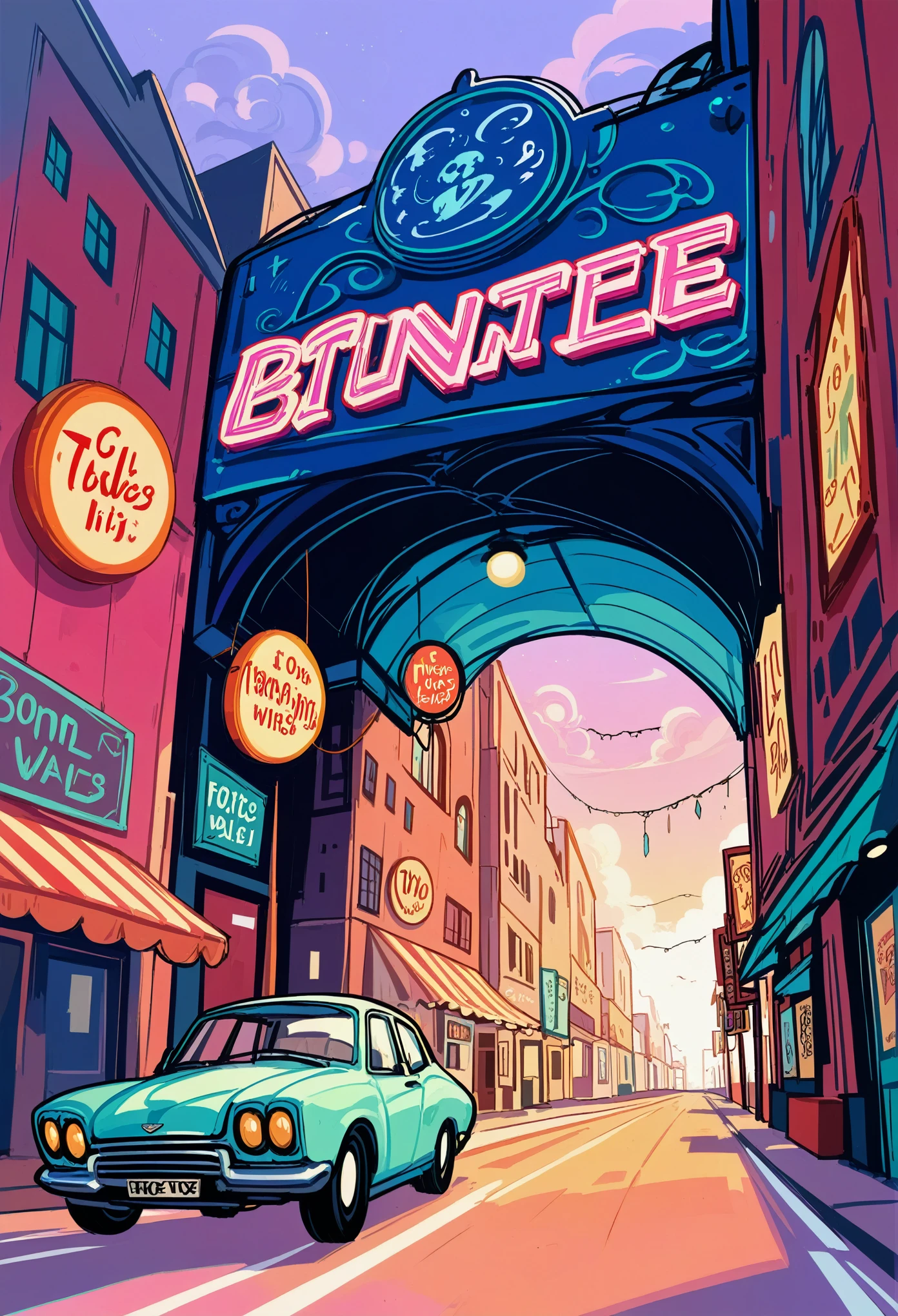 masterpiece, best quality, ultra-detailed, minimal object, vintage retro style, pastel tones. pastel pink and purple tones, A floating, old-fashioned movie theater hovers gently in the sky, its neon sign softly glowing in faded pink and mint green. The vintage marquee displays movie titles from decades ago, while the building itself has an aged charm, with slightly worn posters and a ticket booth frozen in time. The background is a gradient of soft pastel blues and purples, and the horizon below is faint. A small retro-style car is parked outside the theater, suspended mid-air, while a couple of vintage moviegoers stand near the entrance, their backs to the viewer, gazing up at the marquee. The scene evokes a dreamy sense of nostalgia, blending the impossible with a timeless aesthetic.