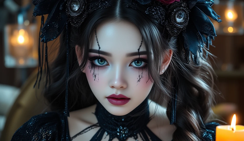 asian girl memo, style of cranberrycore, dark and chaotic, fairy kei, manticore, gothic dark intensity, emphasis on facial expression, vanitas, makeup halloween glamor, (best quality,4k,8k,highres,masterpiece:1.2),ultra-detailed,(realistic,photorealistic,photo-realistic:1.37),