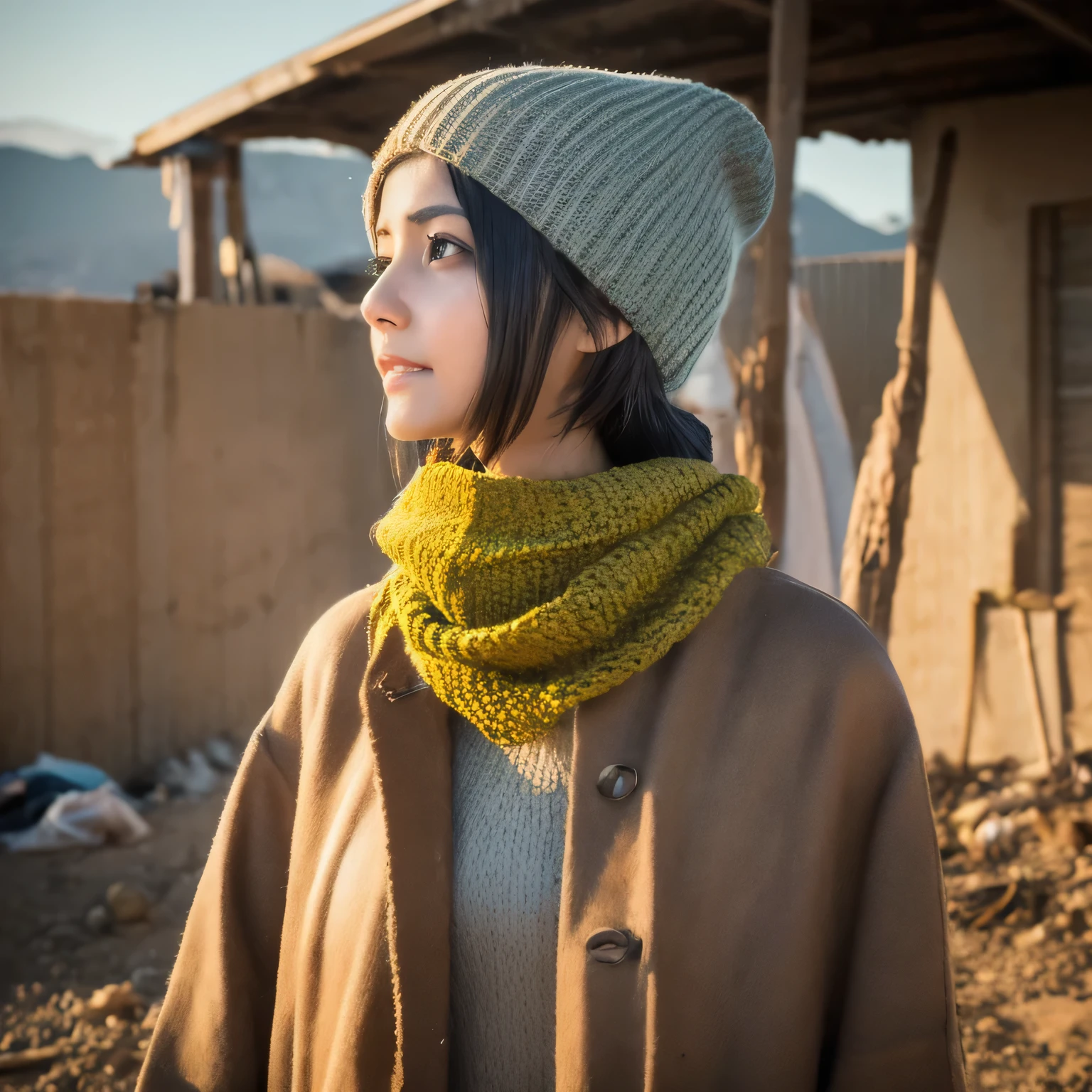 post apocalypse,female, indian, narrow side, dirty short hair, dirty skin, amber eyes, skinny, a waist shot, cheerful, an angle, looking away, thick clothes, dirty knit cap, dirty coat, dirty sweater, frayed clothing, covered in dirt.