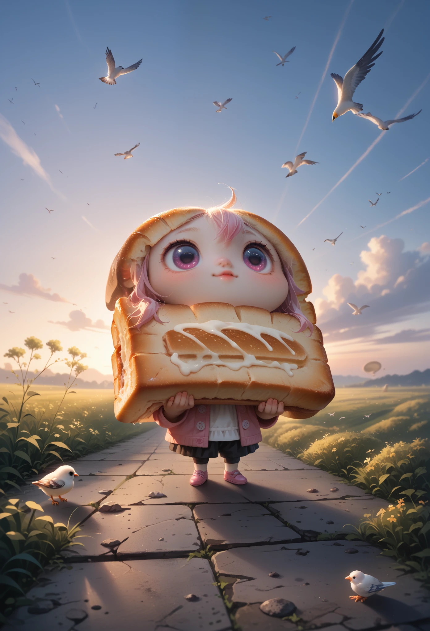 masterpiece, best quality, ultra-detailed, minimal object, chibi, Low Fidelity (lofi) art style, pastel pink and purple tones. A single slice of bread is gently carried through the sky by a flock of tiny pastel-colored birds. The birds hold the corners of the bread slice with their beaks, guiding it softly across the calm, pastel sky. The bread floats slowly, leaving a faint trail of crumbs behind as it moves. A small chibi figure stands on the ground below, their back to the viewer, watching the surreal flight of the bread as it disappears into the distance. The scene is whimsical and serene, transforming the simple act of flight into a calm, surreal journey led by a slice of bread.