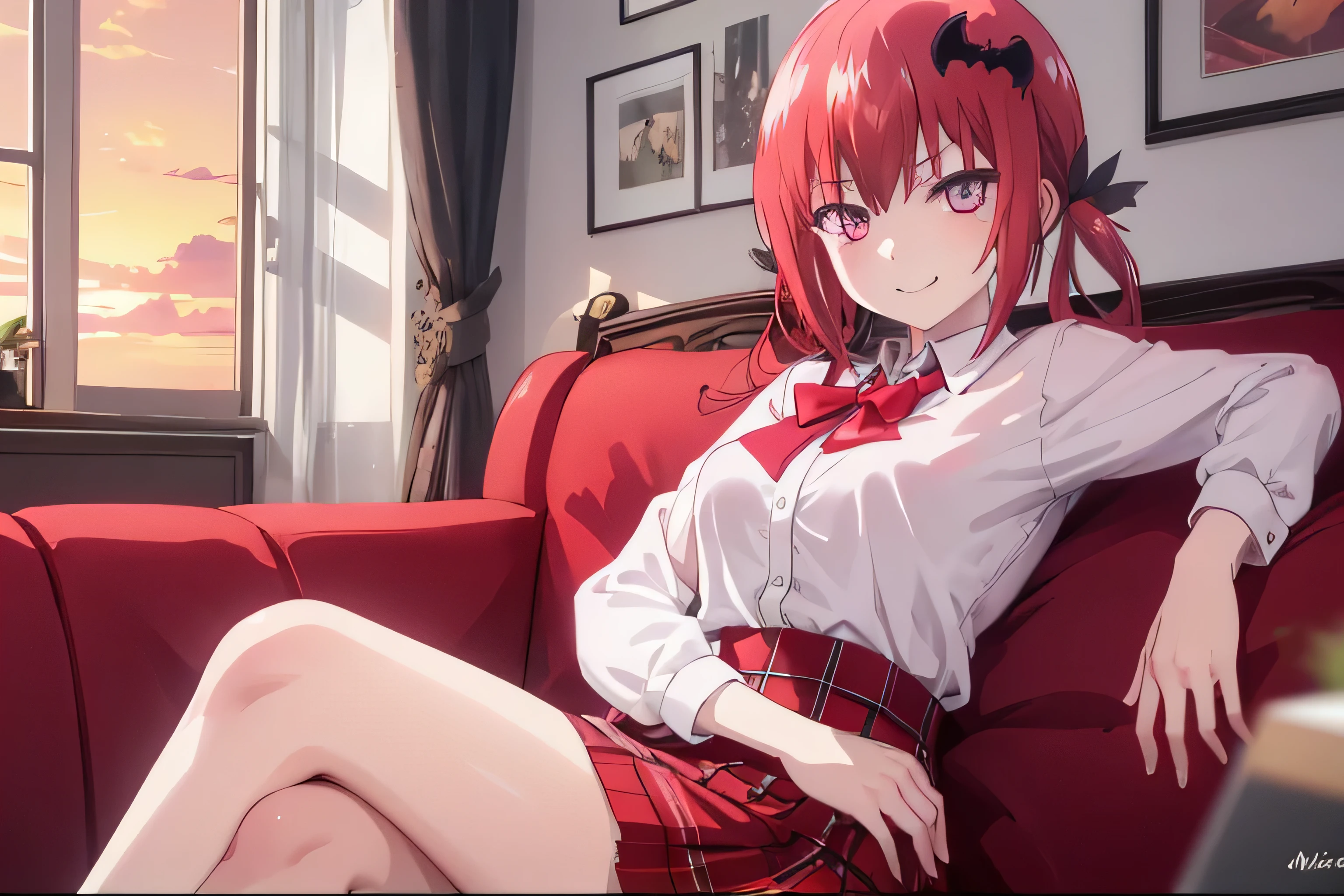 Satanichia McDowell beautiful little face with a nice smile looking at a beautiful sunset in an open and large window Sitting on a beautifully dressed sofa with a kilt and a white blouse Semi-long red hair tied with 2 pigtails and detailed magenta eyes nice accessory on your neck high image quality 
detailed arms and hands