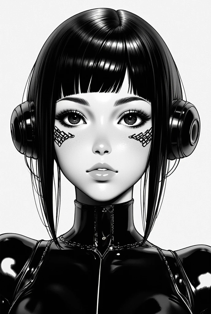 ((best quality)), ((masterpiece)), (detailed), perfect face of cyberpunk mecha japanese girl, shiny black eyes, shiny black body, shiny black hair, ((monochromatic black color palette)), surreal, art nouveau, in the illustrative style of moebius, spaceships, aliens, fantasy, sci-fi, graphic novel, line drawing, french retro, bizarre, gallery worthy, work of uncanny art,
