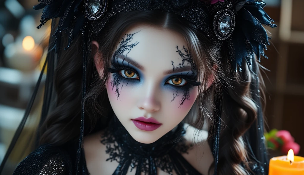 asian girl memo, style of cranberrycore, dark and chaotic, fairy kei, manticore, gothic dark intensity, emphasis on facial expression, vanitas, makeup halloween glamor:1.25, (best quality,4k,8k,highres,masterpiece:1.2),ultra-detailed,(realistic,photorealistic,photo-realistic:1.37),