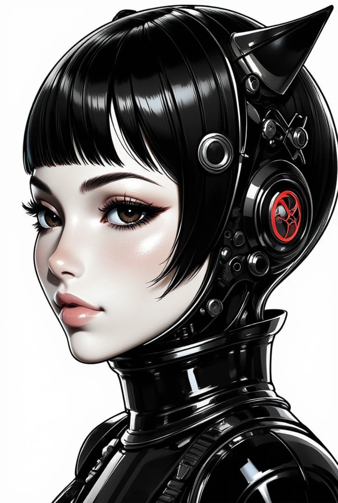 ((best quality)), ((masterpiece)), (detailed), perfect face of cyberpunk mecha japanese girl, shiny black eyes, shiny black body, shiny black hair, ((monochromatic black color palette)), surreal, art nouveau, in the illustrative style of moebius, spaceships, aliens, fantasy, sci-fi, graphic novel, line drawing, french retro, bizarre, gallery worthy, work of uncanny art,
