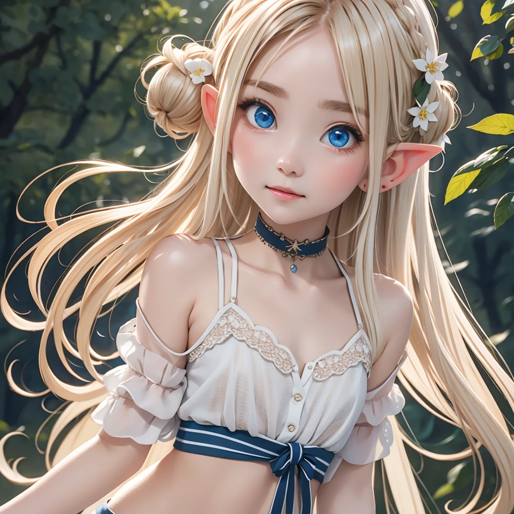 1girl, solo, long hair, looking at viewer, blush, blue eyes, blonde hair, hair ornament, navel, closed mouth, standing, collarbone, sidelocks, outdoors, cowboy shot, small breasts, choker, pointy ears, day, hair flower, wide sleeves, stomach, hair bun, tree, see-through, elf, nature, forest, holding flower, fairy wings