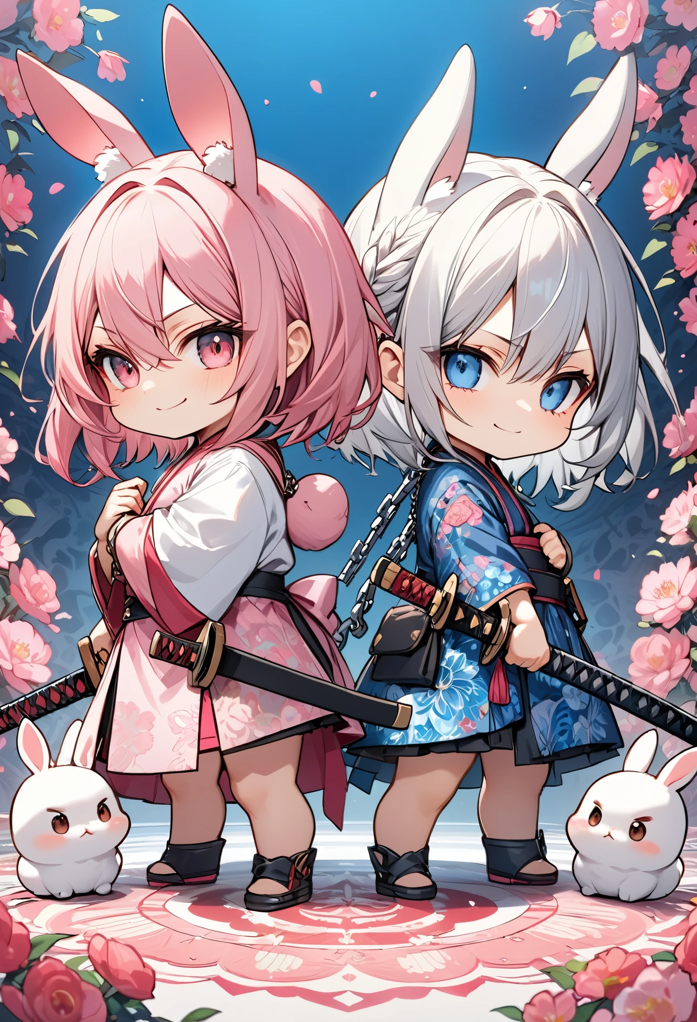 chibi, masterpiece, best quality, ultra-detailed, two chibi girls standing back to back, the pink-haired rabbit-eared girl on the left has a katana resting on her shoulder, with a confident smirk on her face, her body language showing readiness for battle, while the silver-haired girl on the right holds a chain loosely in her hand, smiling calmly, both gazing forward with different kinds of intensity, pink floral patterns behind the left girl and blue floral patterns behind the right, contrasting yet complementary, the entire scene radiates a balance of power and calmness.