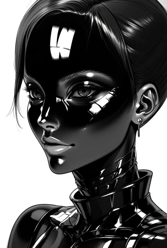 ((best quality)), ((masterpiece)), (detailed), perfect face of cyberpunk mecha japanese girl, shiny black eyes, shiny black body, shiny black hair, ((monochromatic black color palette)), surreal, art nouveau, in the illustrative style of moebius, spaceships, aliens, fantasy, sci-fi, graphic novel, line drawing, french retro, bizarre, gallery worthy, work of uncanny art,
