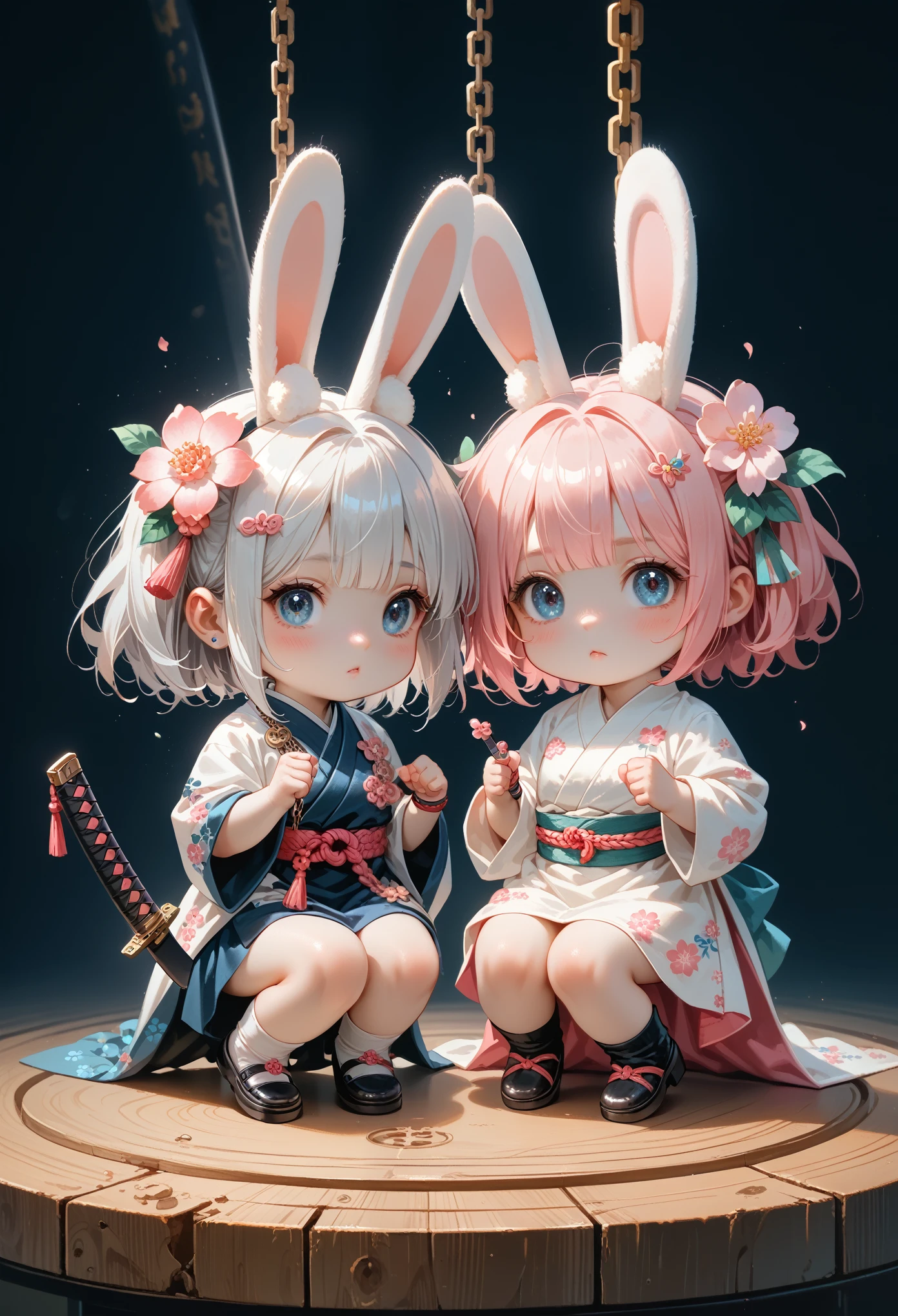 chibi, 3DMM, masterpiece, best quality, ultra-detailed, two chibi girls in dynamic poses, left one with pink hair and rabbit ears holding a katana, her body slightly crouched as if ready to spring into action, pink floral patterns in the background enhancing her playful yet powerful aura, the right one with silver hair and cold expression, wrapped in chains, sitting calmly with a sharp gaze, blue floral patterns in the background giving her a mysterious and serene vibe, the contrast between them adds to the balance of energy and calmness.