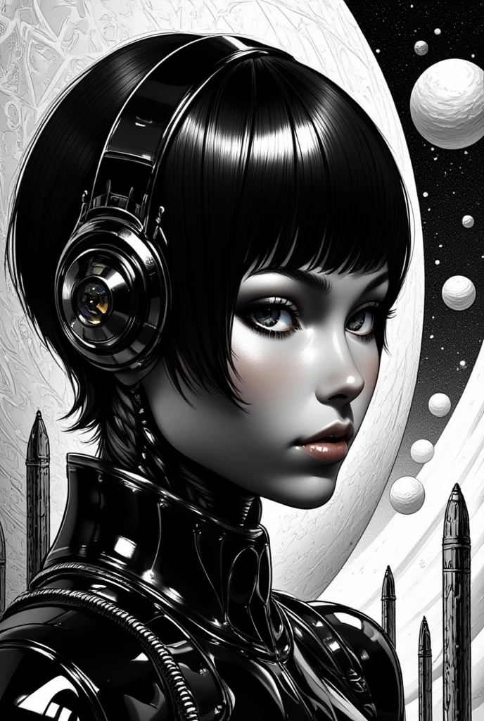 ((best quality)), ((masterpiece)), (detailed), perfect face of cyberpunk mecha japanese girl, shiny black eyes, shiny black body, shiny black hair, ((monochromatic black color palette)), surreal, art nouveau, in the illustrative style of moebius, spaceships, aliens, fantasy, sci-fi, graphic novel, line drawing, french retro, bizarre, gallery worthy, work of uncanny art,
