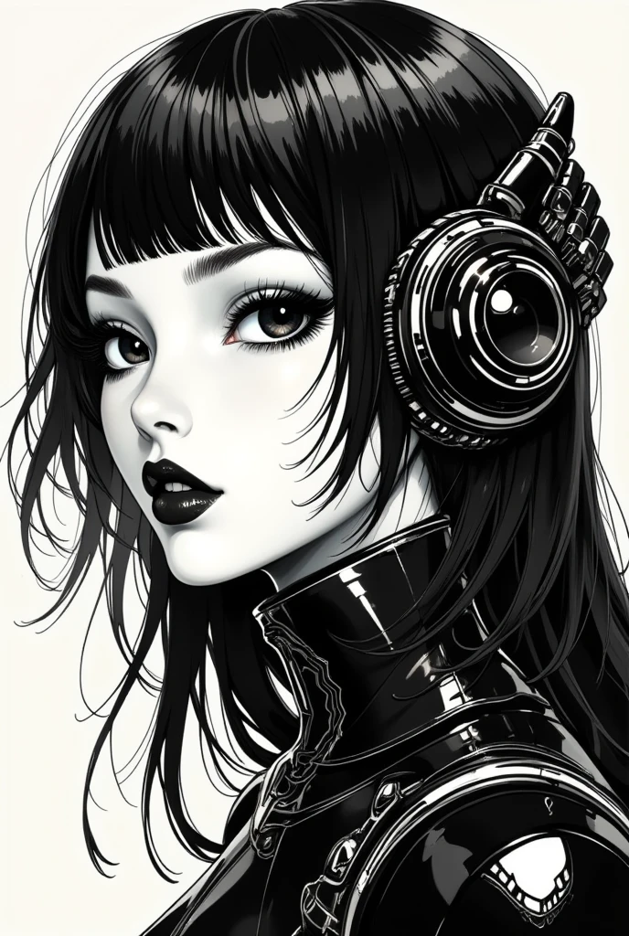 ((best quality)), ((masterpiece)), (detailed), perfect face of cyberpunk mecha japanese girl, shiny black eyes, shiny black body, shiny black hair, ((monochromatic black color palette)), surreal, art nouveau, in the illustrative style of moebius, spaceships, aliens, fantasy, sci-fi, graphic novel, line drawing, french retro, bizarre, gallery worthy, work of uncanny art,
