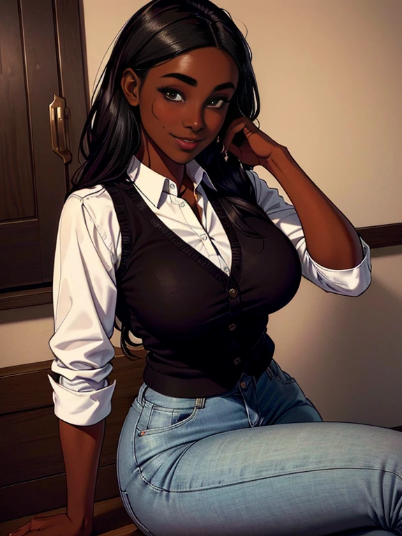   Young dark-skinned black woman wearing a casual shirt and jeans sitting with her chin resting on her vest,   clear and defined brown eyes  ,   perfect wild cloud of long black hair  , shy and deceitful  ,   blushing with a secret smile  , flirty, mischievous, without lingerie