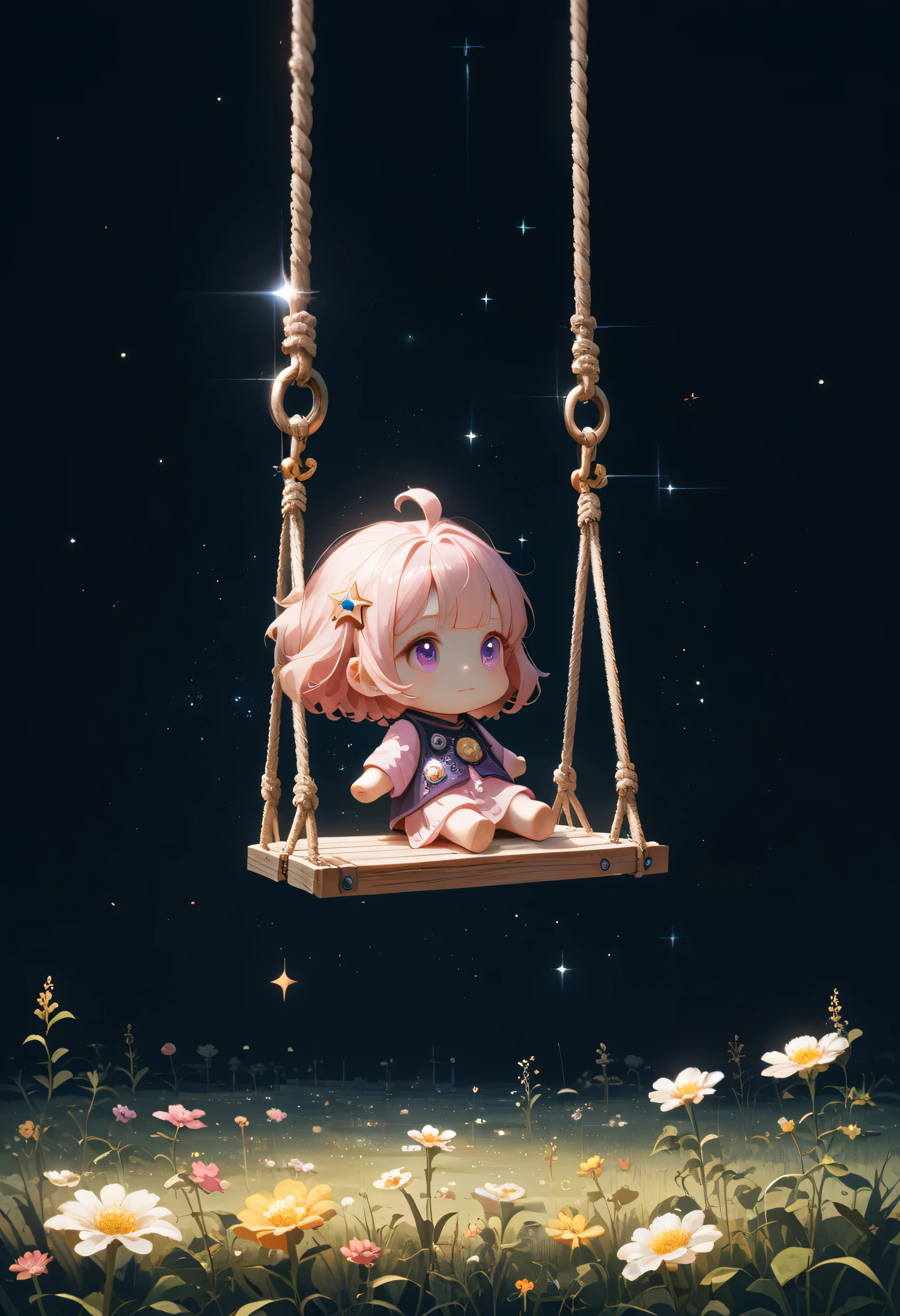 masterpiece, best quality, ultra-detailed, minimal object, chibi, Low Fidelity (lofi) art style, pastel pink and purple tones. A single swing hangs from an invisible point, gently swaying through a field of stars in space. The stars sparkle softly in pastel hues, with distant nebulae glowing in the background. The swing is simple, with minimal detailing, and moves slowly as if floating through a dream. A small chibi figure sits on the swing, their back to the viewer, looking out at the stars and galaxies that seem to stretch endlessly into the cosmos. The surreal and quiet scene blends the vastness of space with the intimacy of a solitary swing, creating a peaceful, floating moment.