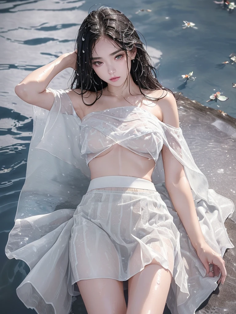 (Night Sky),(Moonlit Night),(Starry Sky),Beautiful woman,((Perfect nude)),Soft body line ,Big Breasts,Beautiful round ass,((Beautiful round assを披露しましょう)),((Nude lying on the water )),(( wet hair))((Wet skin texture:1.5)),((Wet skin texture:1.5)),(( pure white thin fabric skirt )),(( nude white wet thin fabric skirt)),((Sheer skirt texture :1.5)),((Skirt made of thin enough fabric to show through the skin )),((See-through)),((Bare Top)),(( Off Shoulder Flatline )),((set up))(( Underbust )),((Underboob)),(( pure white thin fabric skirt を持ち上げる))