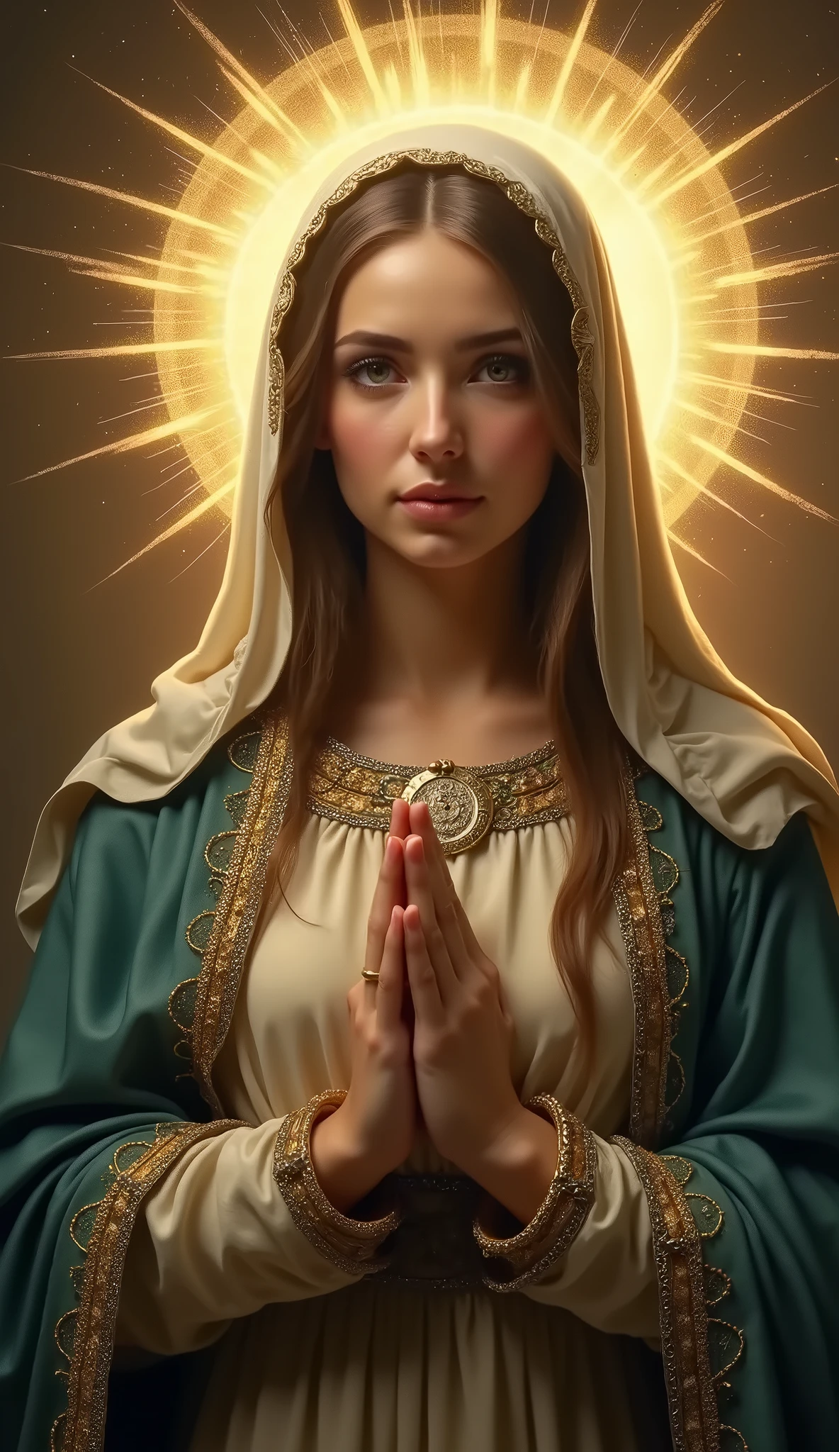 Very beautiful Virgin Mary, looking at the camera, Watery eyes, Expression in love, A reddish beige tunic, Light blue cloak and veil, Halo
