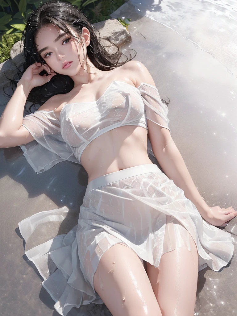 (Night Sky),(Moonlit Night),(Starry Sky),Beautiful woman,((Perfect nude)),Soft body line ,Big Breasts,Beautiful round ass,((Beautiful round assを披露しましょう)),((Nude lying on the water )),(( wet hair))((Wet skin texture:1.5)),((Wet skin texture:1.5)),(( pure white thin fabric skirt )),(( nude white wet thin fabric skirt)),((Sheer skirt texture :1.5)),((Skirt made of thin enough fabric to show through the skin )),((See-through)),((Bare Top)),(( Off Shoulder Flatline )),((set up))(( Underbust )),((Underboob)),(( pure white thin fabric skirt を持ち上げる:1.5))