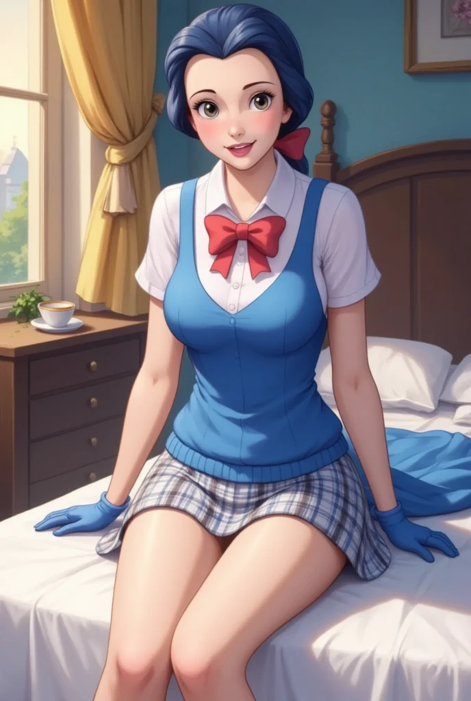 ryomou shimei, medical eyepatch, school uniform, sweater vest, white shirt, red bowtie, short sleeves, blue gloves, plaid skirt, blue socks, loafers,perfect lighting,Colorful,shiny skin, (masterpiece:1.0),(best_quality:1.0), ultra high res,4K,ultra-detailed, photography, 8K, HDR, highres, absurdres:1.2, Kodak portra 400, film grain, blurry background, bokeh:1.2, lens flare, (vibrant_color:1.2), (beautiful_face:1.5),NSFW, , ultra-detailed), (best illustration), (best shadow), (absurdres),blue hair, sitting, spread legs, bed, cameltoe , white panties , NSFW,upskirt,solo,1girl, legs up